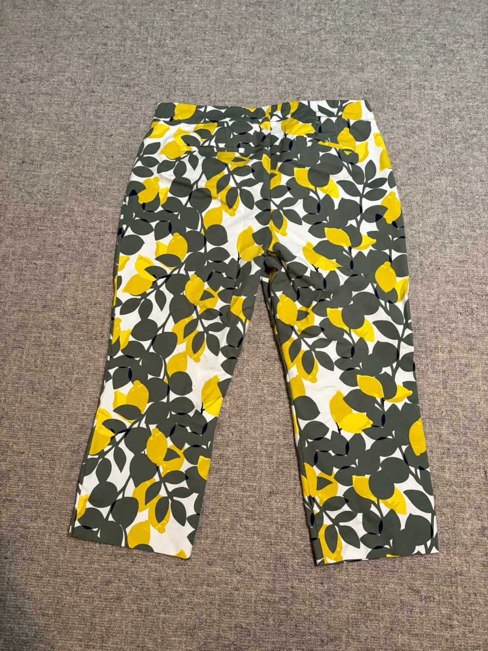 Boden White Cropped Pants with Bright Lemons and Olive / Navy Leaf Print - Picture 3 of 15